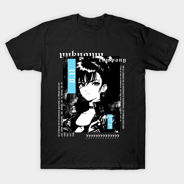 Cute beautiful girl with 80's jacket in black and white anime style | gothic | grunge | dark | alternative clothing T-Shirt by UNKNOWN COMPANY